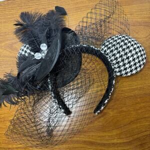 Disney Parks Mickey Ears Houndstooth Black White Lace and Feathers & Rhinestone